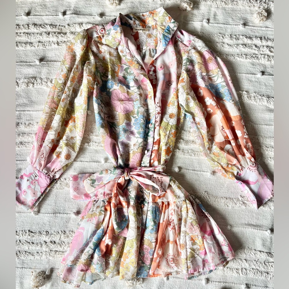 Pink Ripple Floral Garden Long Sleeve Shift mini Dress Size Small - Picture 6 of 15